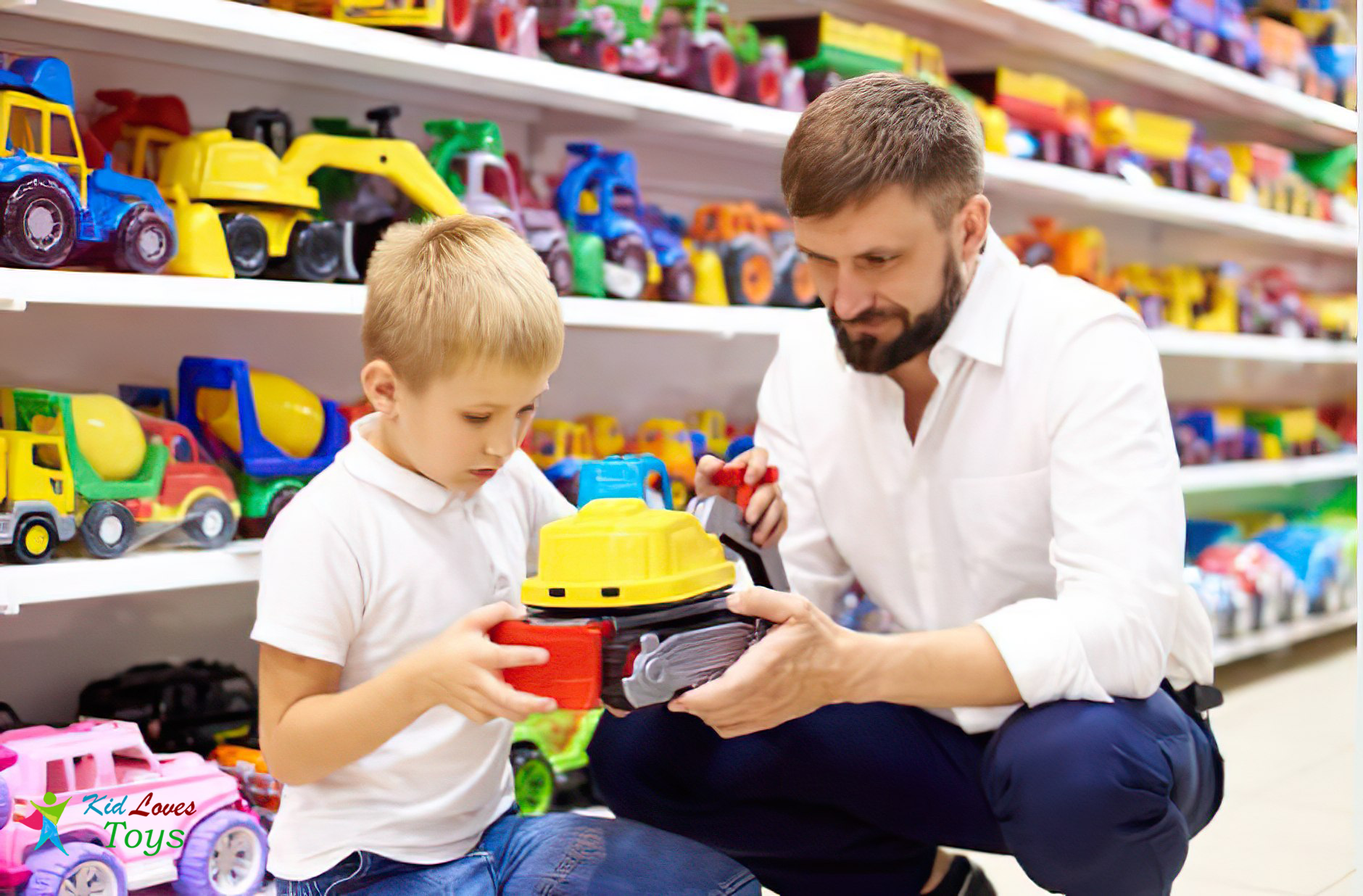 Toys displayed on shelves with age recommendations